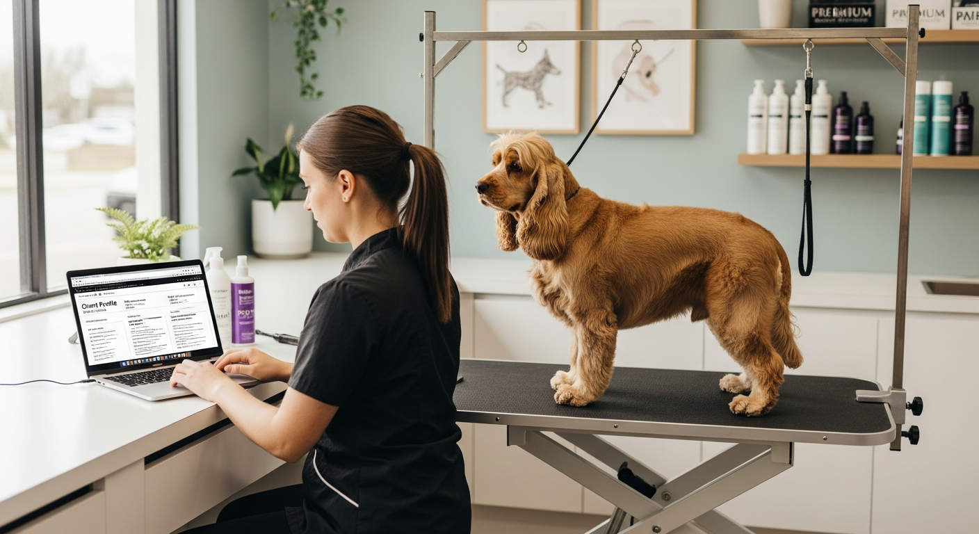 Dog groomer reviewing client pet records on laptop in professional grooming salon