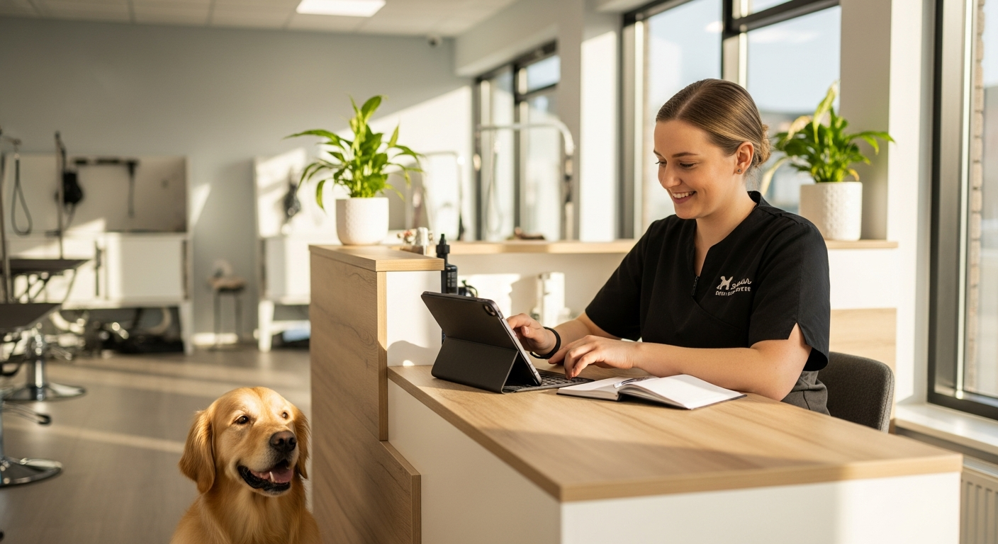 Dog groomer reviewing online booking requests on tablet in a professional grooming salon