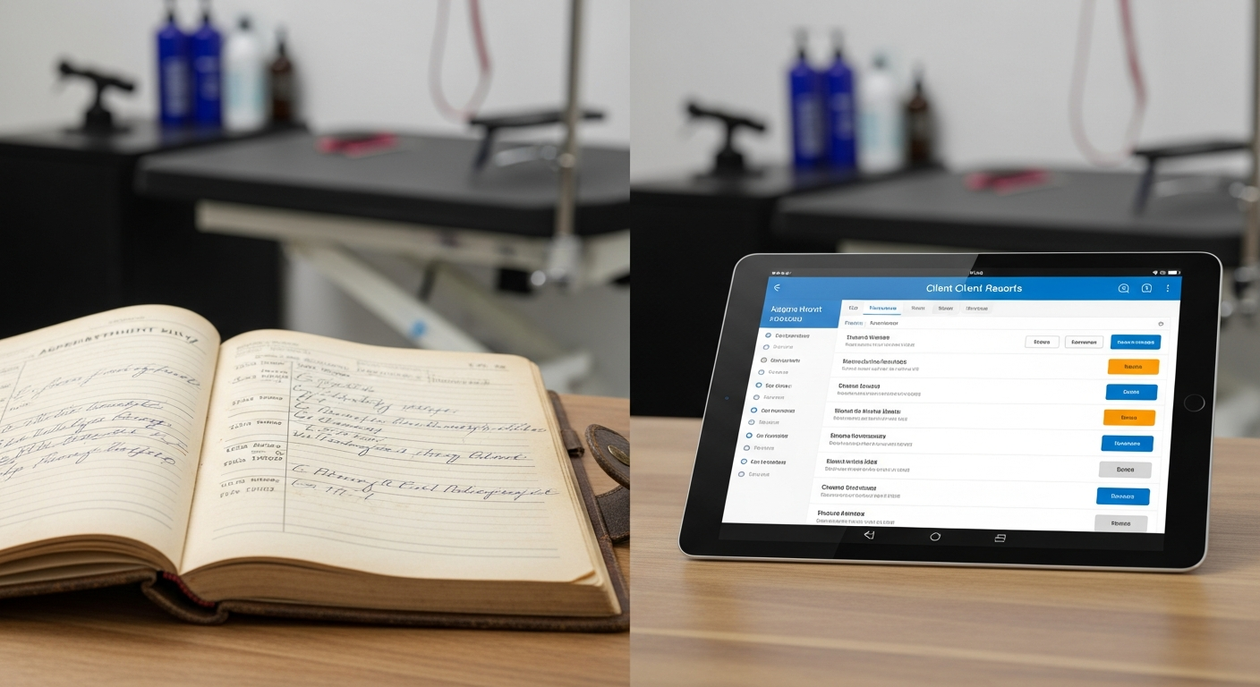 Organised digital client records on a tablet beside paper notes in a dog grooming salon
