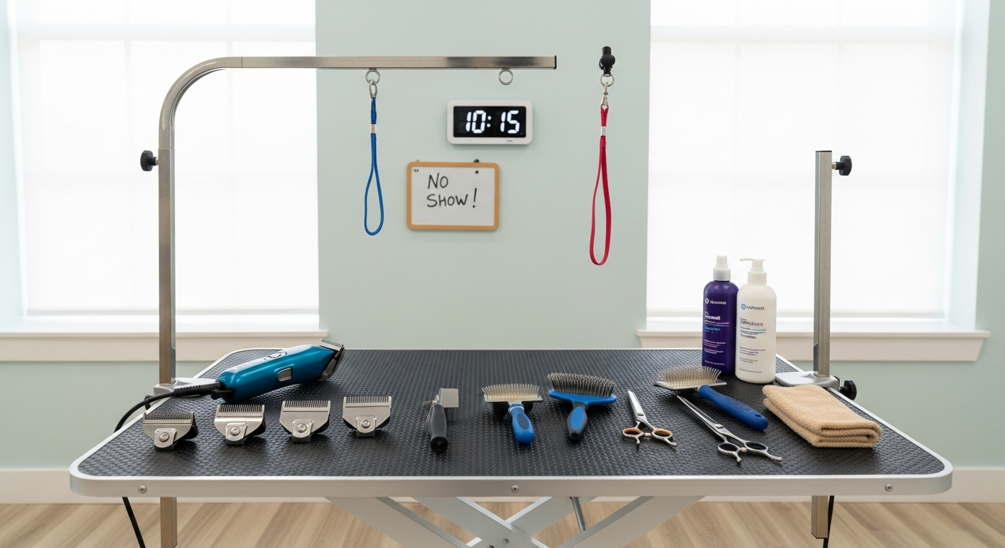 Empty dog grooming station representing a missed appointment in a professional salon