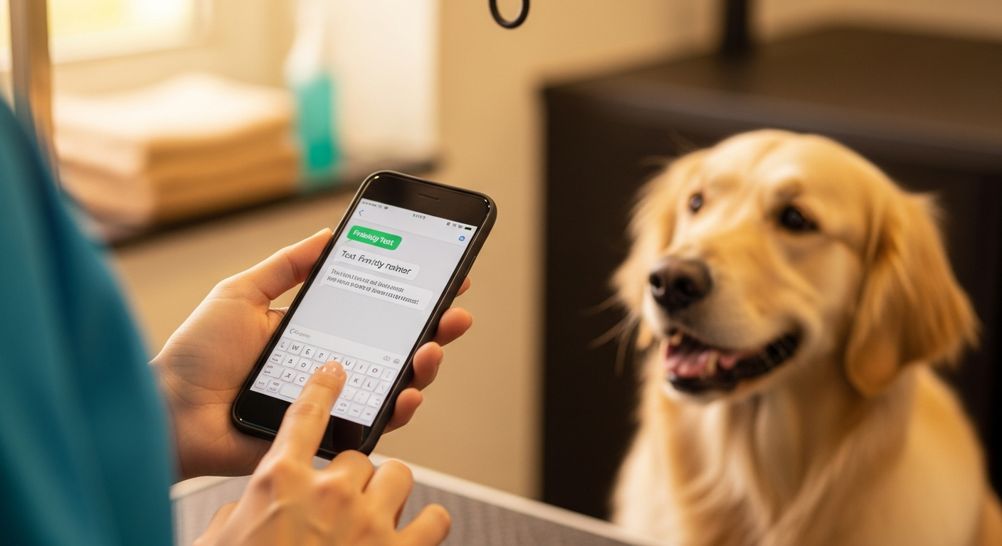 Smartphone showing a friendly dog grooming appointment reminder message
