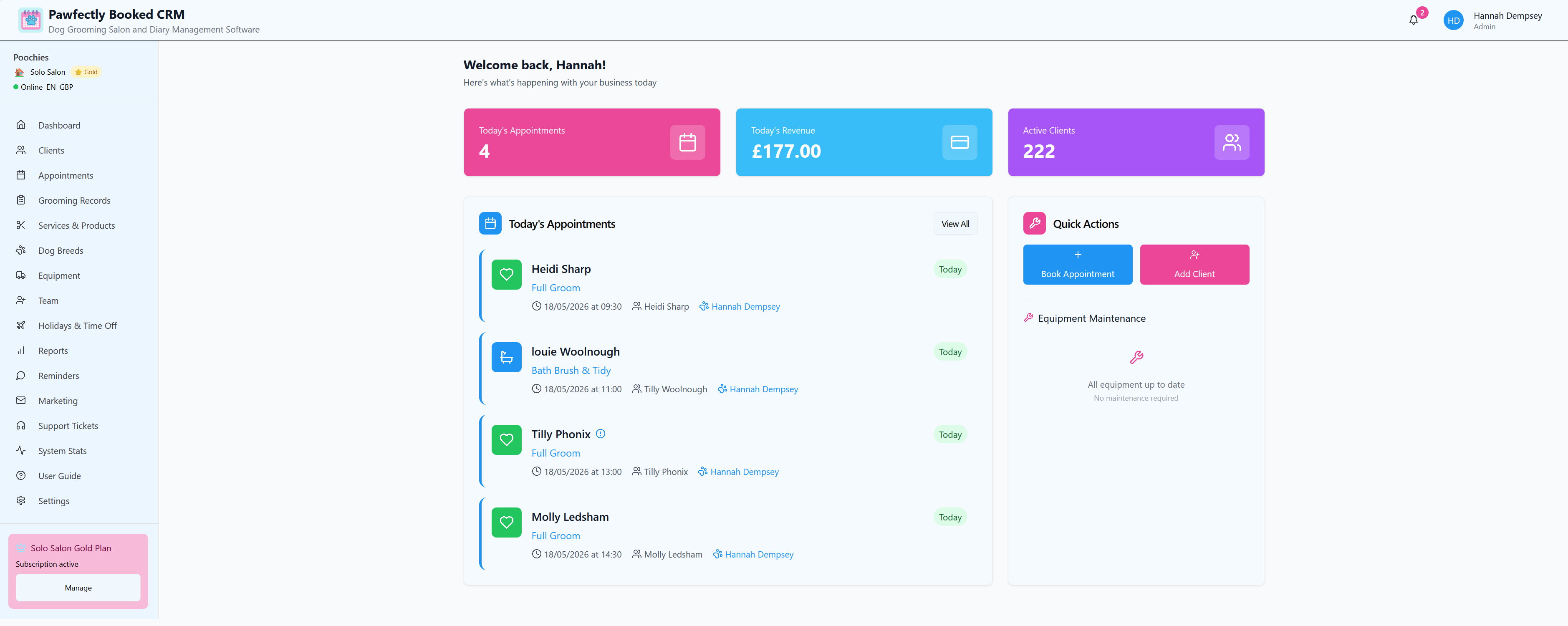 Pawfectly Booked dog grooming booking system dashboard