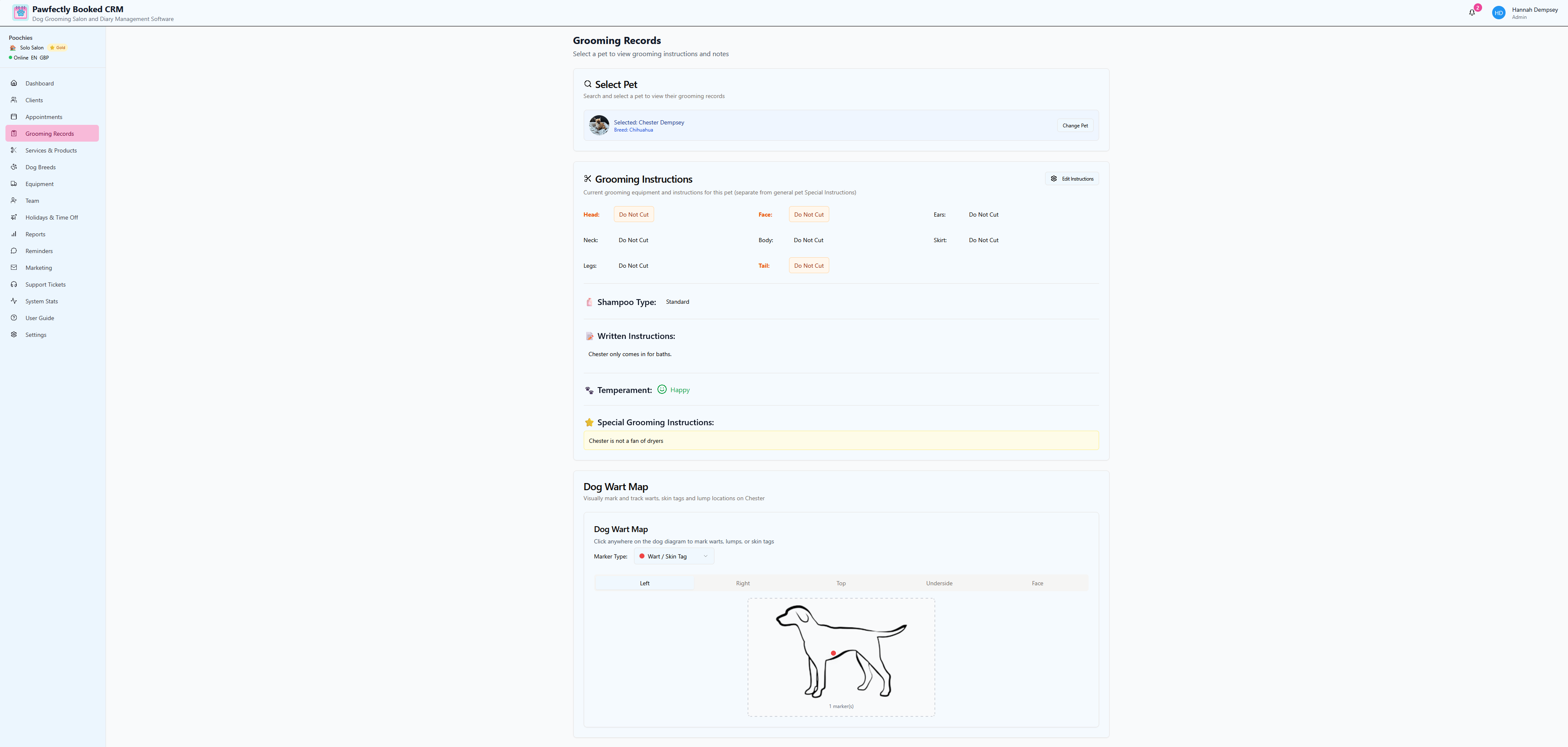 Dog grooming software pet profile showing breed, grooming instructions, temperament and wart map