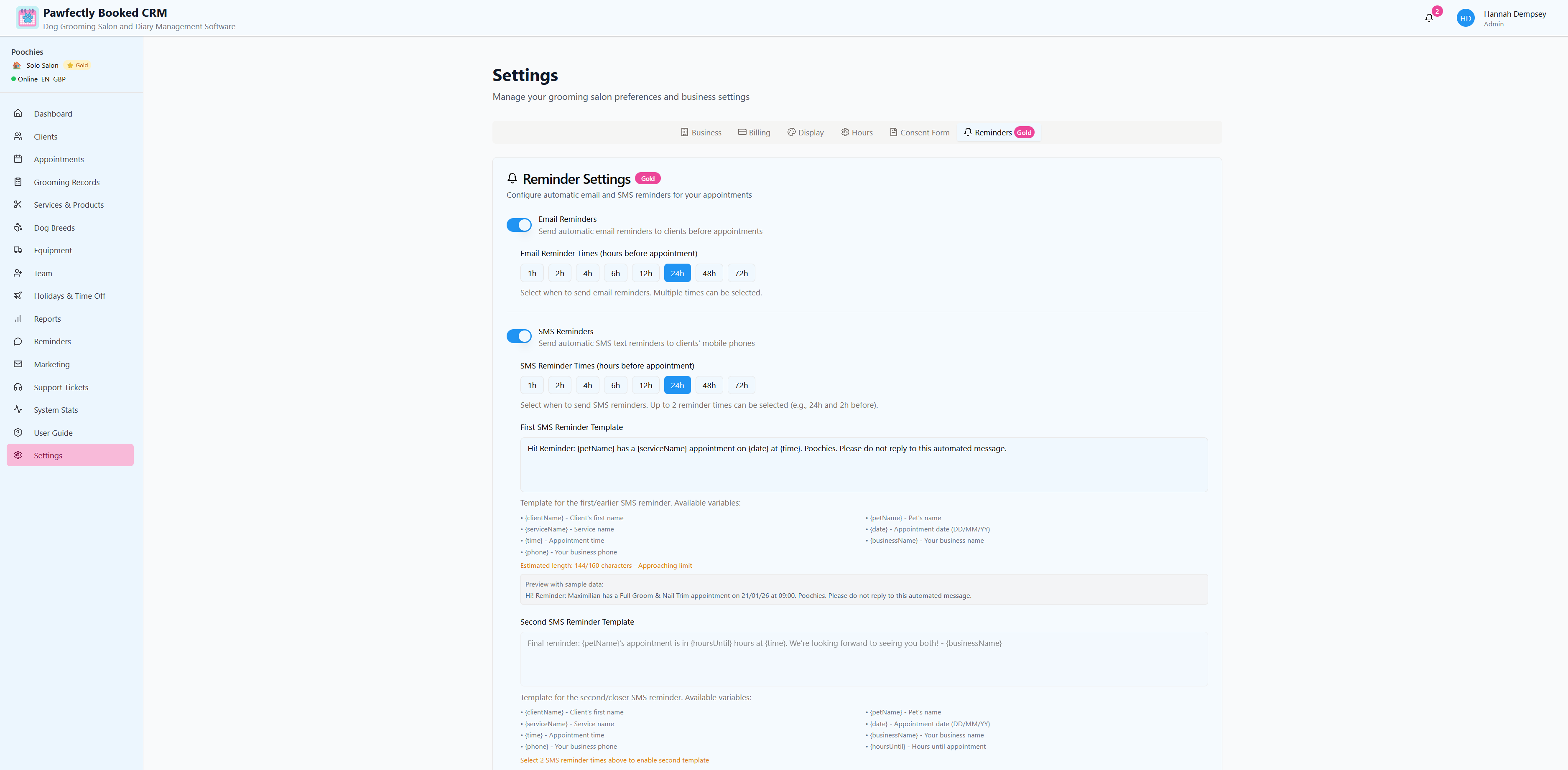 Pawfectly Booked SMS and email reminder settings showing customisable templates and send times before appointments