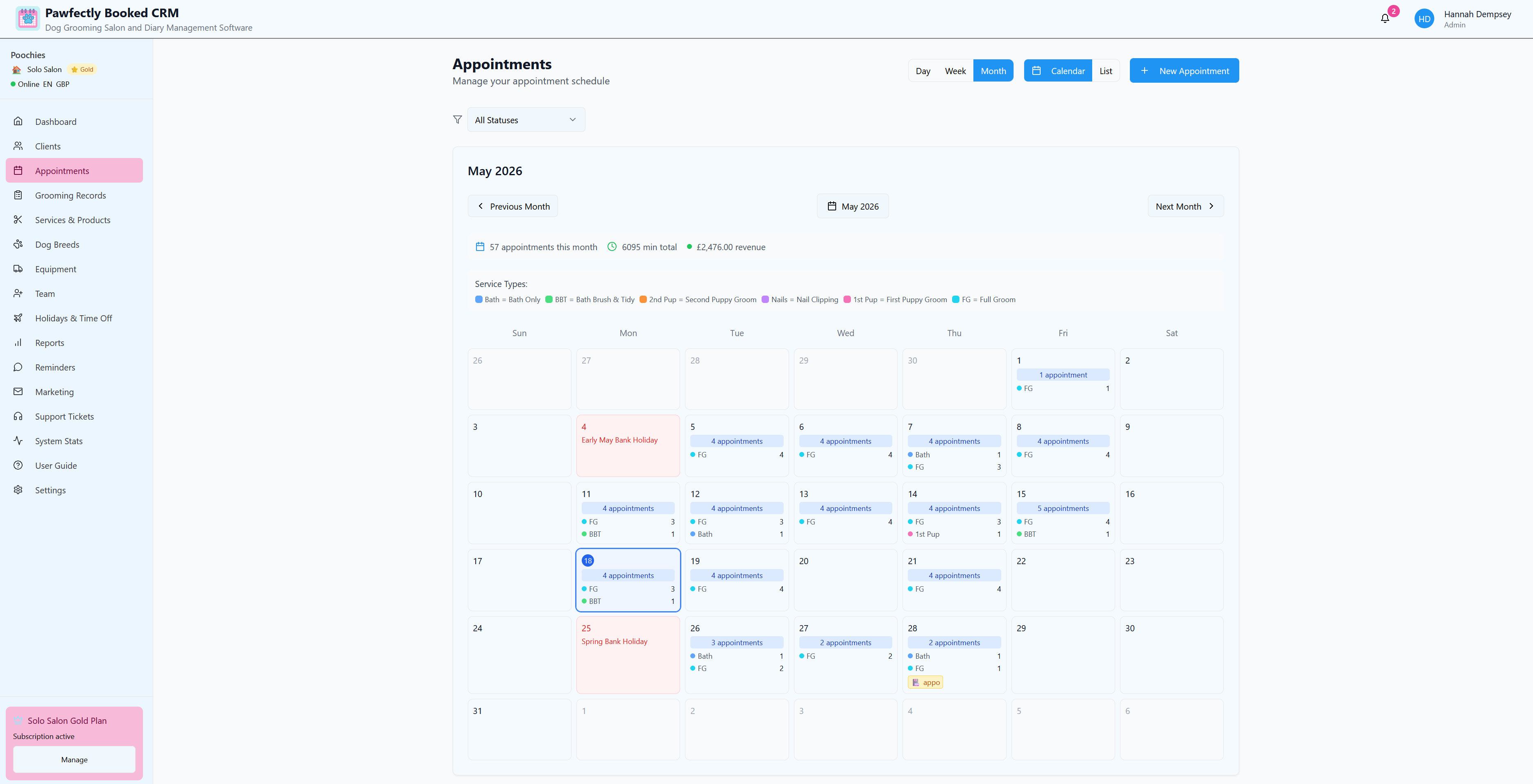 Pawfectly Booked monthly calendar view showing appointments colour-coded by service type across May 2026